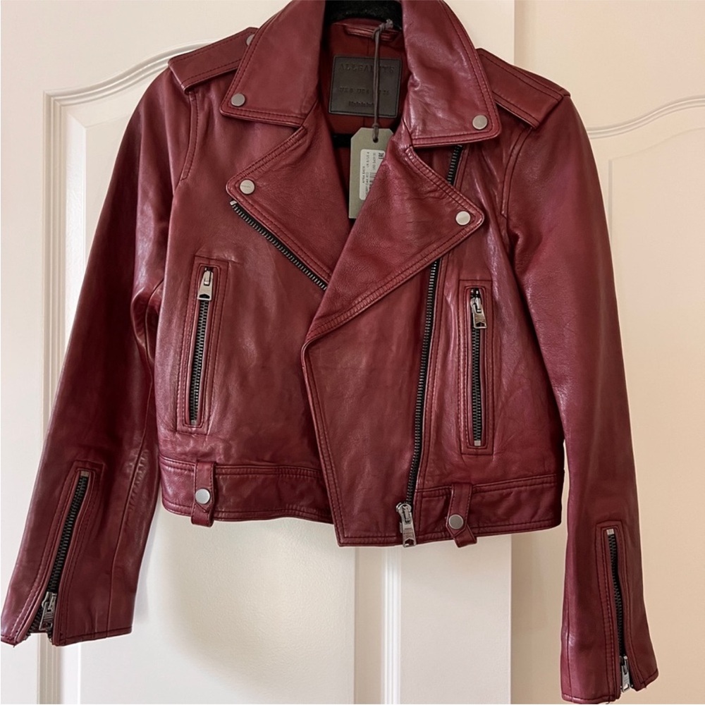 All Saints size 4 Burgundy Leather Jacket